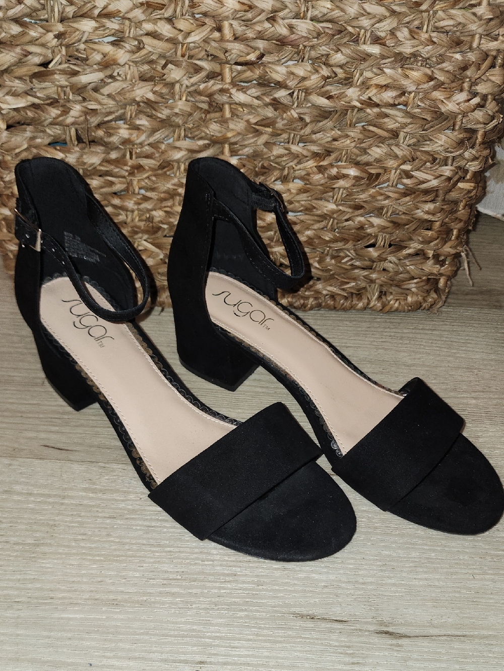Sugar Black Open-Toe Ankle Strap Block Heels